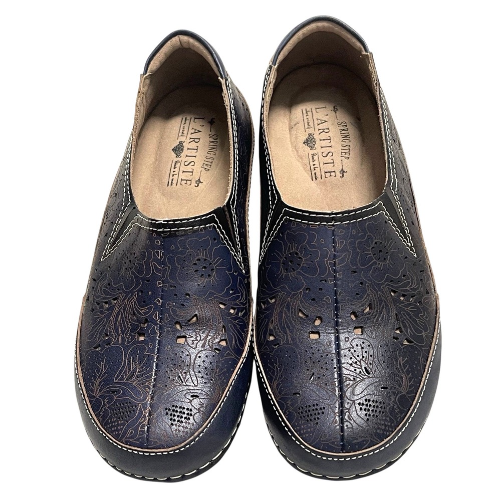 Spring Step L'Artiste Women's Size Navy Blue Leather Floral Embossed 38 / 7.5